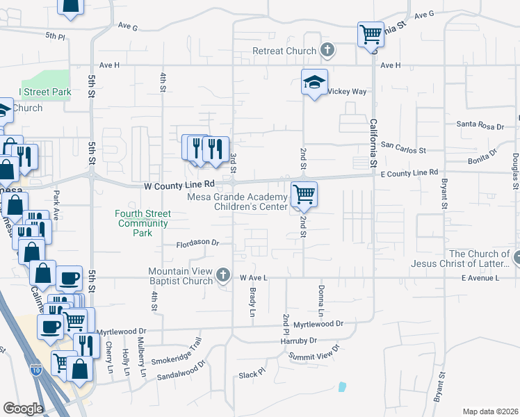 map of restaurants, bars, coffee shops, grocery stores, and more near 210 El Serene Lane in Calimesa