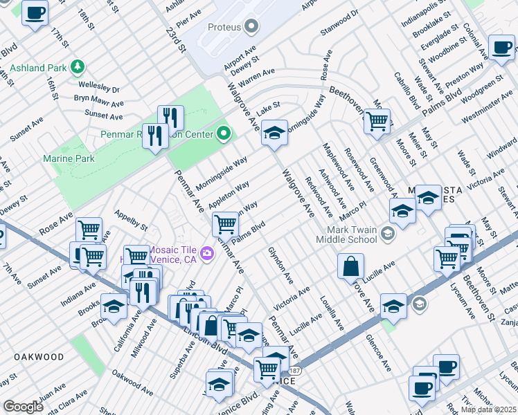 map of restaurants, bars, coffee shops, grocery stores, and more near 1316 Preston Way in Los Angeles