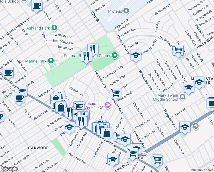 map of restaurants, bars, coffee shops, grocery stores, and more near 1205 Appleton Way in Los Angeles