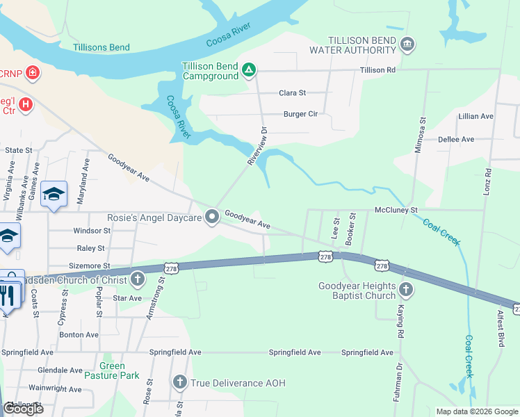 map of restaurants, bars, coffee shops, grocery stores, and more near 1328 Goodyear Avenue in Gadsden