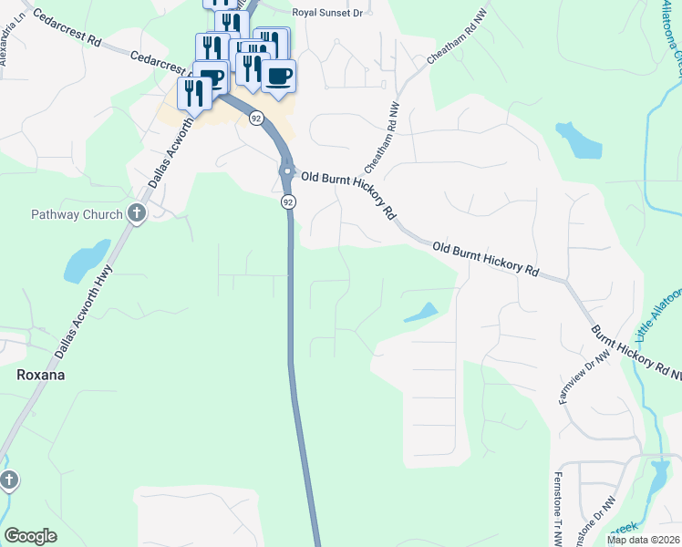 map of restaurants, bars, coffee shops, grocery stores, and more near 22 Fallow Lane in Acworth