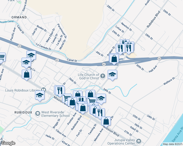 map of restaurants, bars, coffee shops, grocery stores, and more near 3330 Avalon Street in Riverside