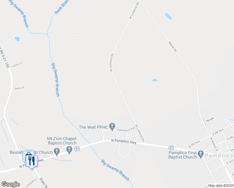 map of restaurants, bars, coffee shops, grocery stores, and more near 449 West Lynhurst Road in Pamplico