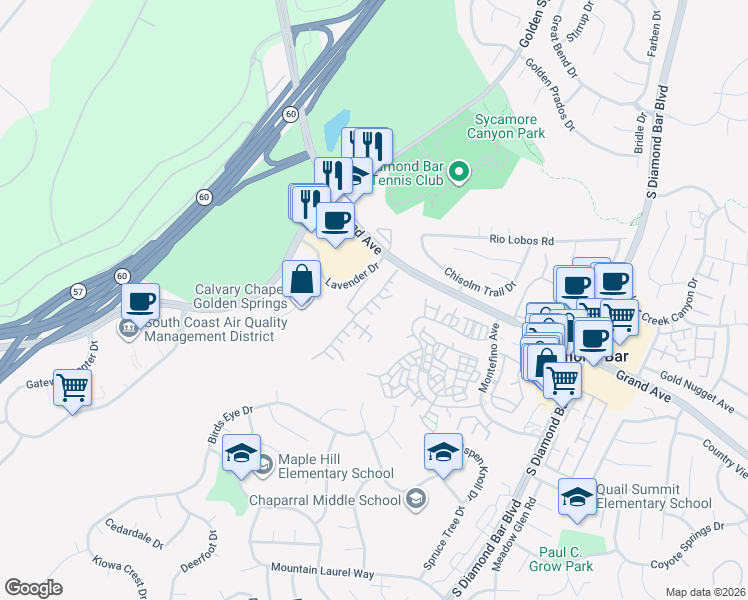 map of restaurants, bars, coffee shops, grocery stores, and more near 817 Terrace Lane East in Diamond Bar