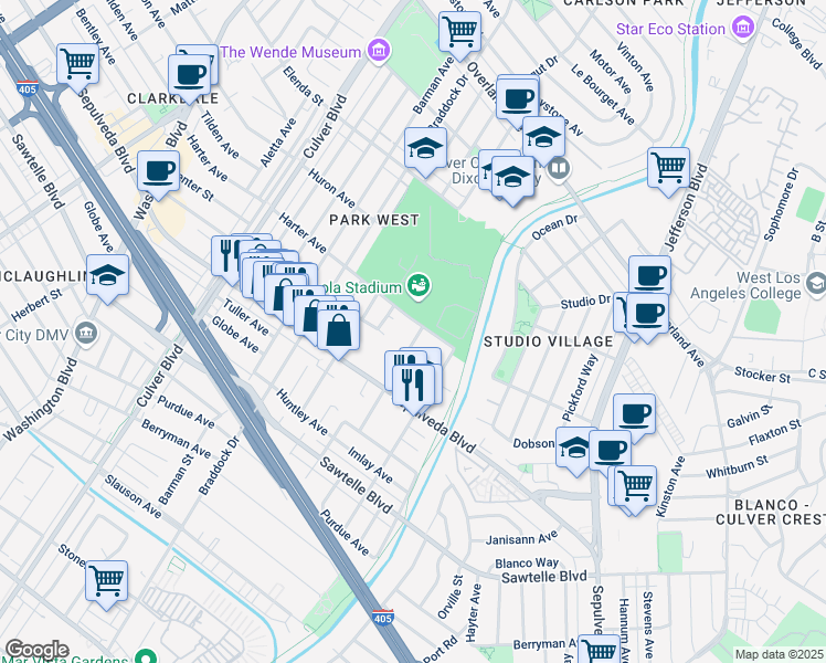 map of restaurants, bars, coffee shops, grocery stores, and more near 11115 Greenlawn Avenue in Culver City