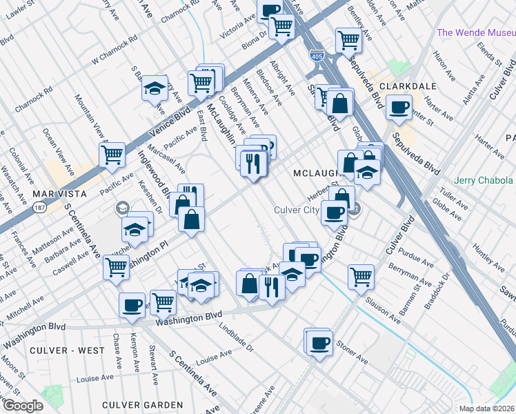 map of restaurants, bars, coffee shops, grocery stores, and more near 4038 McLaughlin Avenue in Los Angeles