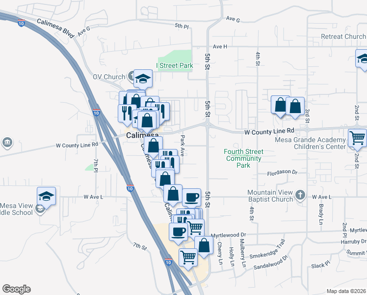 map of restaurants, bars, coffee shops, grocery stores, and more near 906 Park Avenue in Calimesa