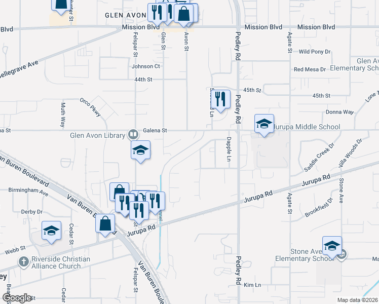 map of restaurants, bars, coffee shops, grocery stores, and more near 9020 Chris Court in Riverside