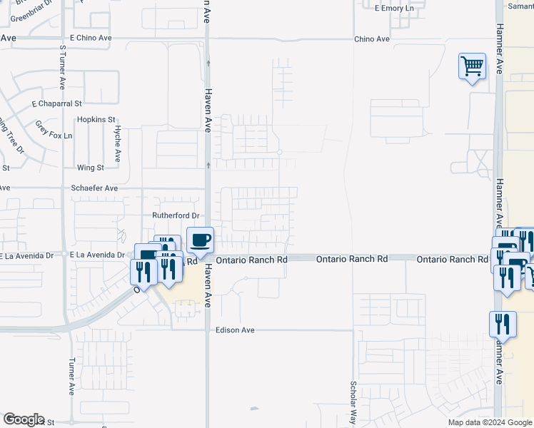 map of restaurants, bars, coffee shops, grocery stores, and more near 3572 E. Moonlight St. in Ontario