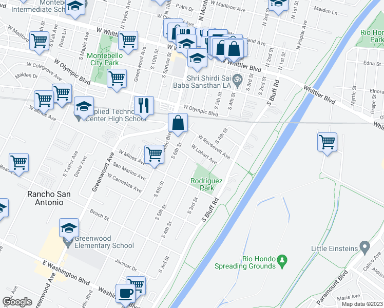 map of restaurants, bars, coffee shops, grocery stores, and more near 509 West Lohart Avenue in Montebello