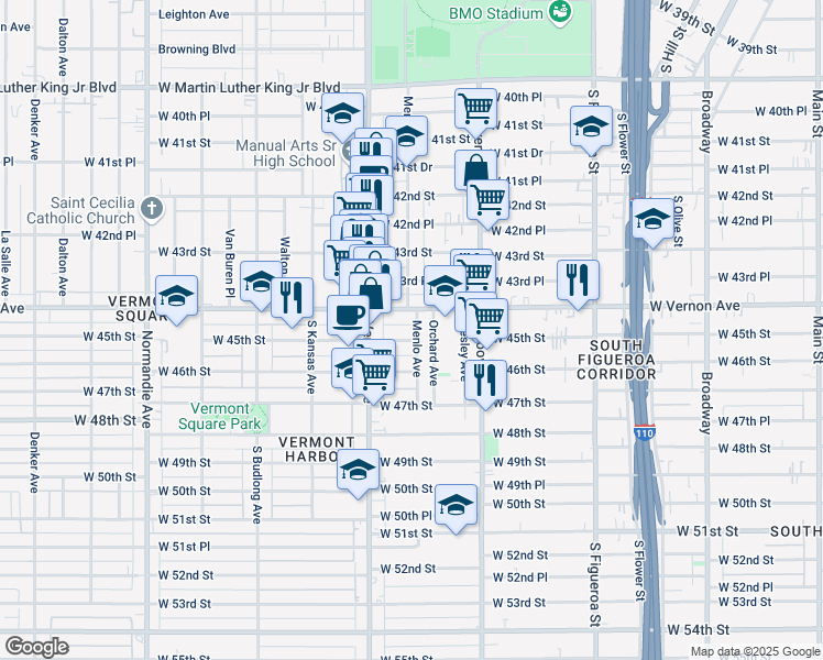map of restaurants, bars, coffee shops, grocery stores, and more near 936 West Vernon Avenue in Los Angeles