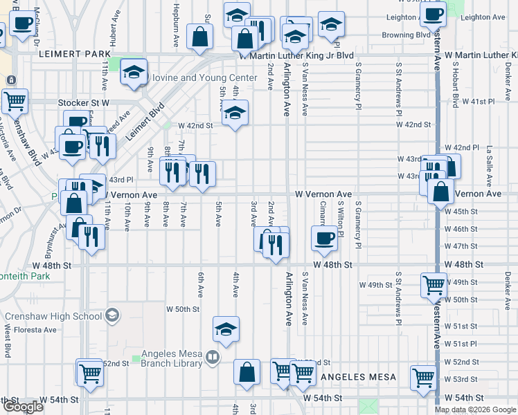 map of restaurants, bars, coffee shops, grocery stores, and more near 2427 West Vernon Avenue in Los Angeles