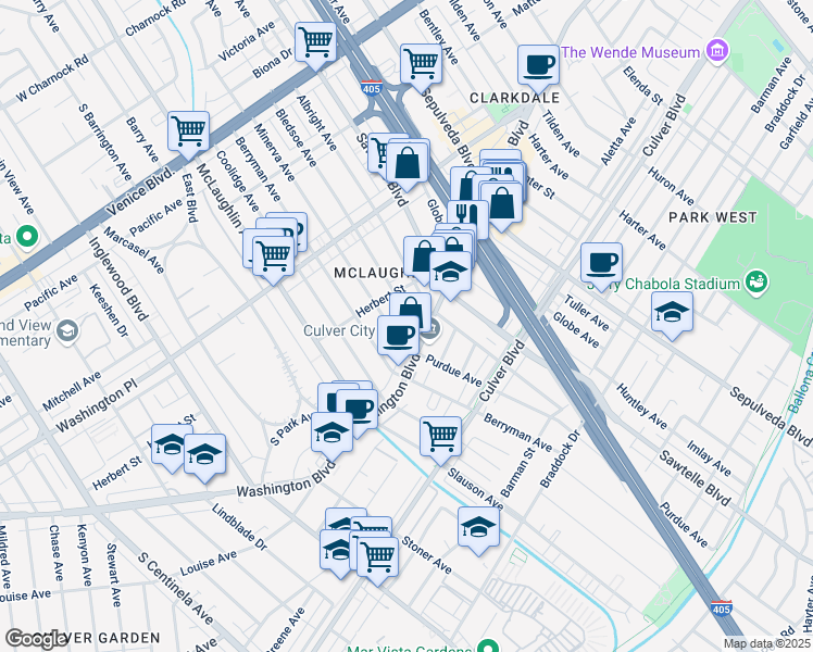 map of restaurants, bars, coffee shops, grocery stores, and more near 4128 Bledsoe Avenue in Los Angeles