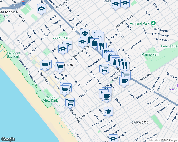 map of restaurants, bars, coffee shops, grocery stores, and more near 637 Ashland Avenue in Santa Monica