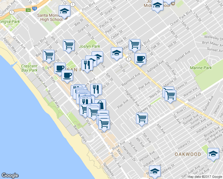 map of restaurants, bars, coffee shops, grocery stores, and more near 504 Hill Street in Santa Monica