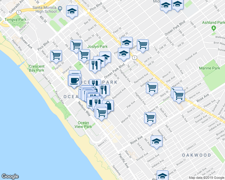 map of restaurants, bars, coffee shops, grocery stores, and more near 504 Hill Street in Santa Monica