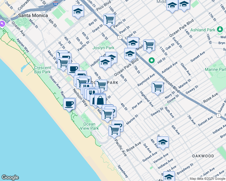 map of restaurants, bars, coffee shops, grocery stores, and more near 2635 4th Street in Santa Monica