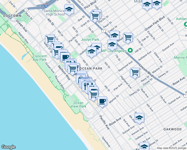 map of restaurants, bars, coffee shops, grocery stores, and more near 2635 4th Street in Santa Monica