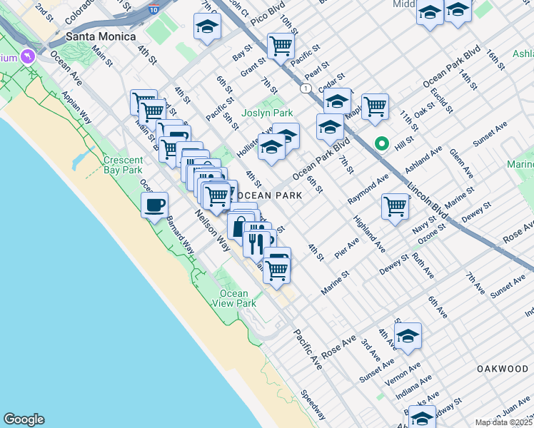 map of restaurants, bars, coffee shops, grocery stores, and more near in Santa Monica
