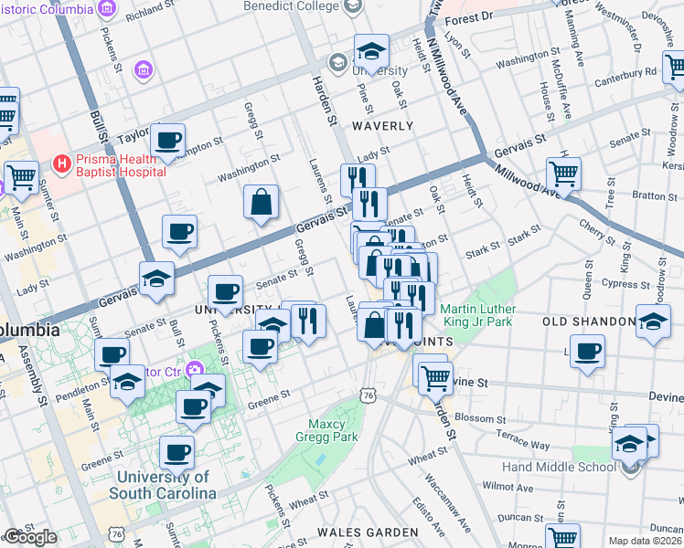 map of restaurants, bars, coffee shops, grocery stores, and more near 2006 Senate Street in Columbia