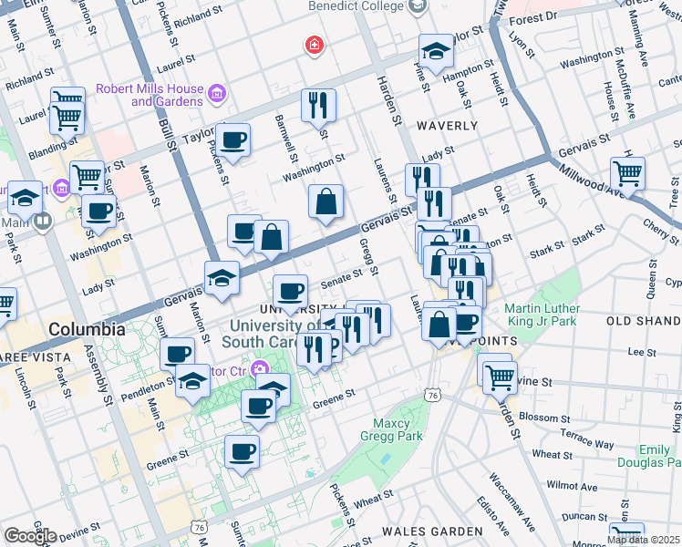 map of restaurants, bars, coffee shops, grocery stores, and more near 1829-17E Senate Street in Columbia