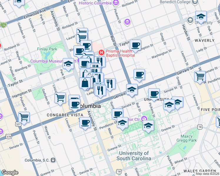 map of restaurants, bars, coffee shops, grocery stores, and more near 1321 Lady Street in Columbia