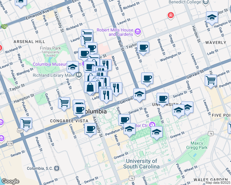 map of restaurants, bars, coffee shops, grocery stores, and more near 1321 Lady Street in Columbia