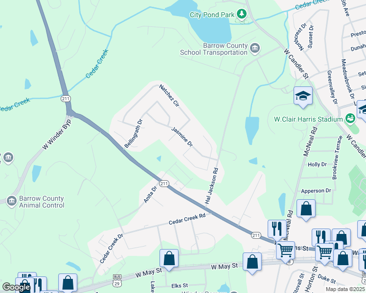 map of restaurants, bars, coffee shops, grocery stores, and more near 209 Bayou Lane in Winder