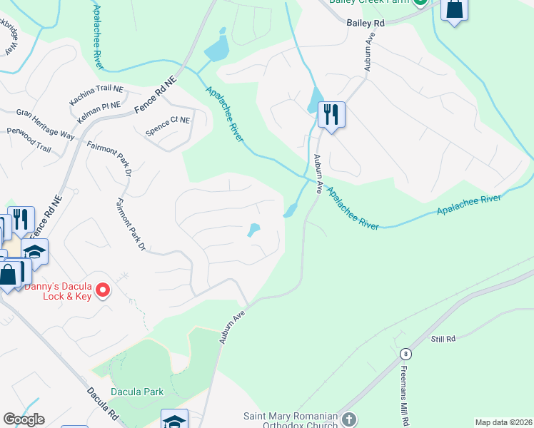 map of restaurants, bars, coffee shops, grocery stores, and more near 349 Endeavor Way Lane in Dacula