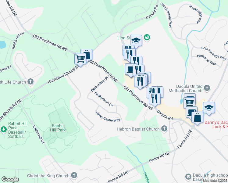 map of restaurants, bars, coffee shops, grocery stores, and more near 3355 Old Peachtree Road Northeast in Dacula