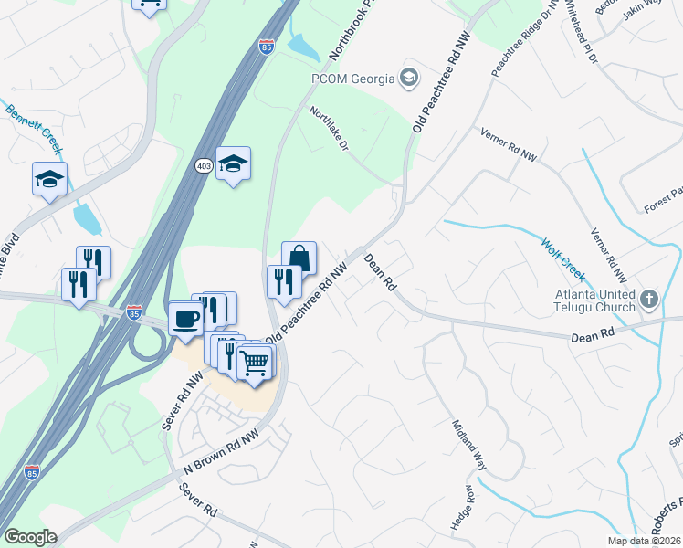 map of restaurants, bars, coffee shops, grocery stores, and more near 1327 Penhurst Drive in Lawrenceville