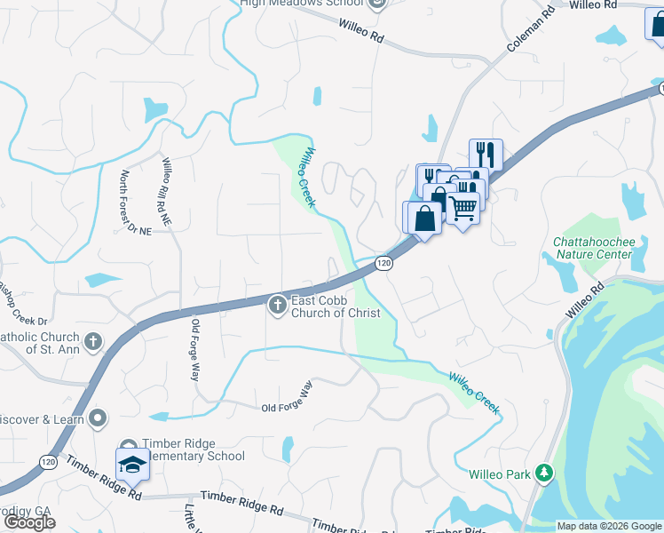 map of restaurants, bars, coffee shops, grocery stores, and more near 2170 Watercrest Commons Circle in Marietta