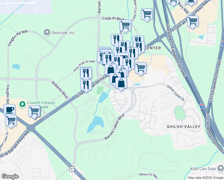 map of restaurants, bars, coffee shops, grocery stores, and more near 2095 Barrett Lakes Boulevard in Kennesaw