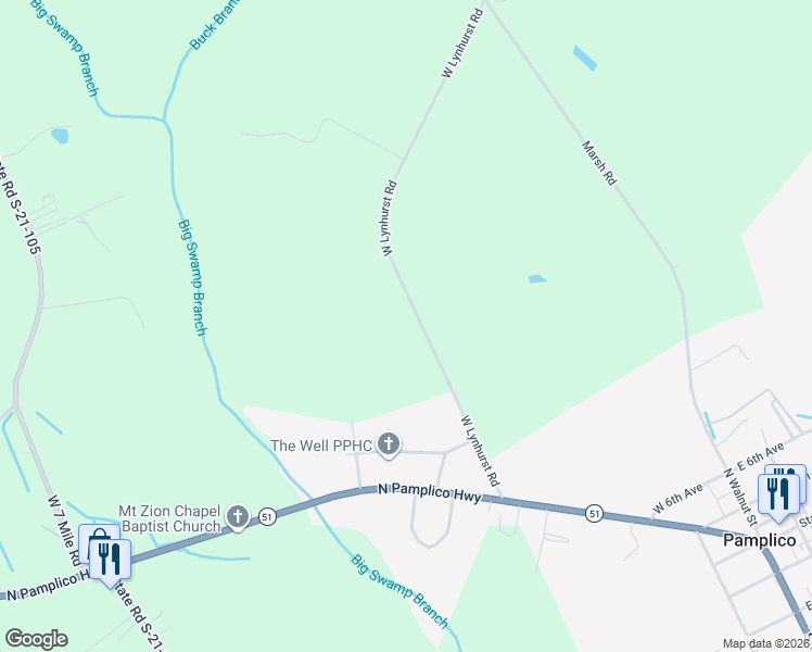map of restaurants, bars, coffee shops, grocery stores, and more near 449 West Lynhurst Road in Pamplico