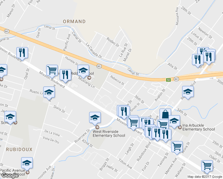 map of restaurants, bars, coffee shops, grocery stores, and more near 5867 Antonia Place in Riverside