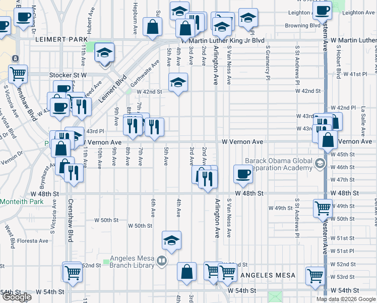 map of restaurants, bars, coffee shops, grocery stores, and more near 4423 3rd Avenue in Los Angeles
