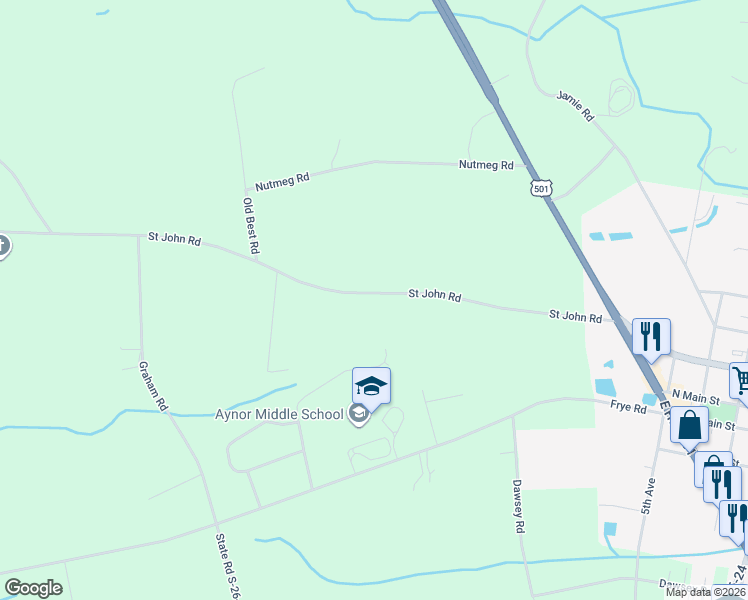 map of restaurants, bars, coffee shops, grocery stores, and more near 411 Saint John Road in Galivants Ferry