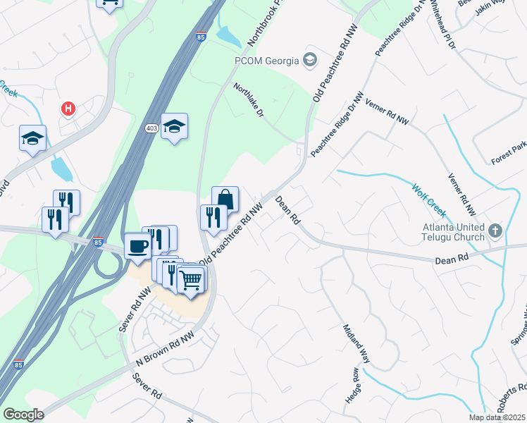 map of restaurants, bars, coffee shops, grocery stores, and more near 1203 Penhurst Way in Lawrenceville
