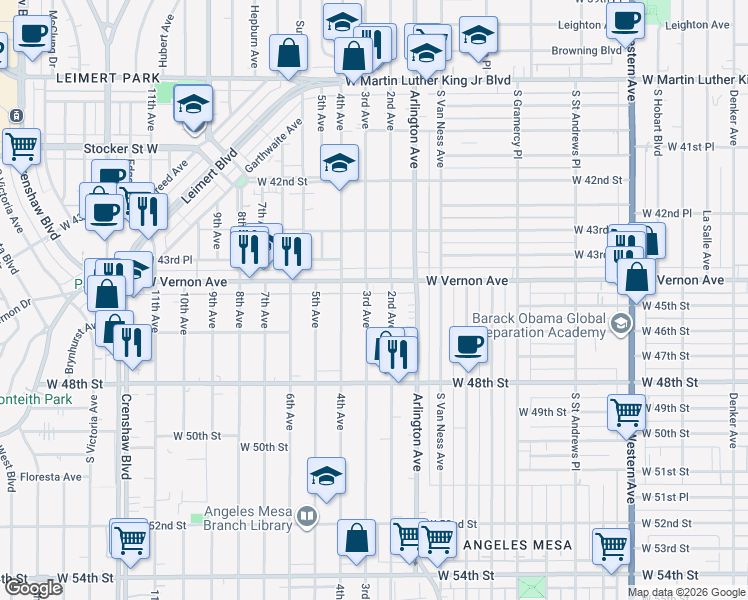 map of restaurants, bars, coffee shops, grocery stores, and more near 4422 3rd Avenue in Los Angeles
