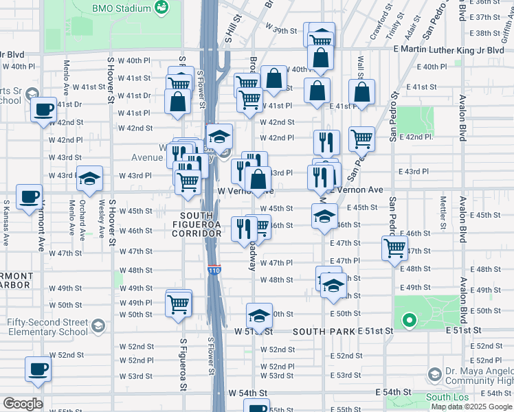 map of restaurants, bars, coffee shops, grocery stores, and more near 4400 South Broadway in Los Angeles