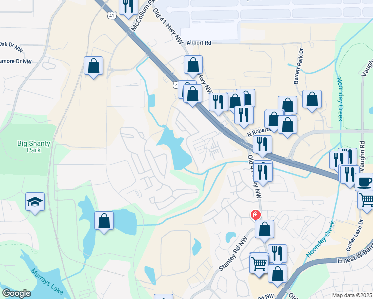 map of restaurants, bars, coffee shops, grocery stores, and more near 1792 Waterside Drive in Kennesaw