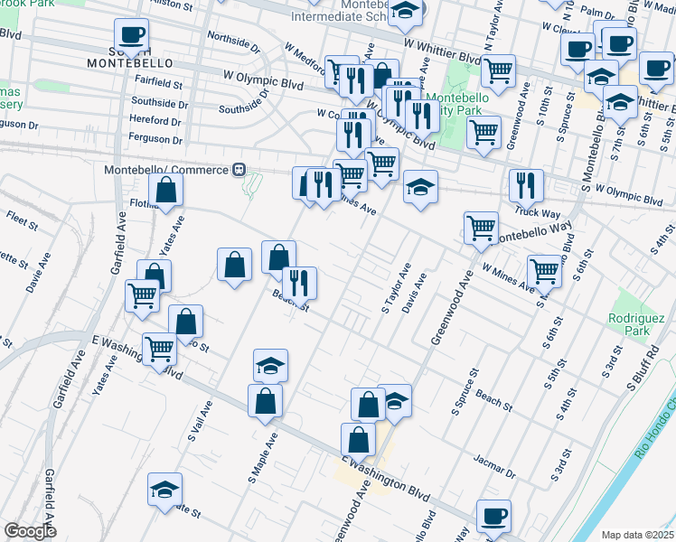 map of restaurants, bars, coffee shops, grocery stores, and more near 659 South Maple Avenue in Montebello