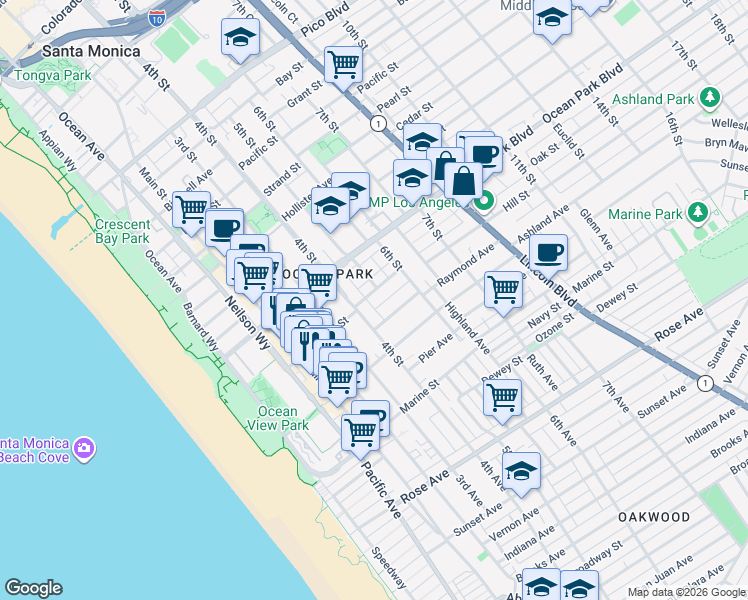 map of restaurants, bars, coffee shops, grocery stores, and more near 422 Hill Street in Santa Monica