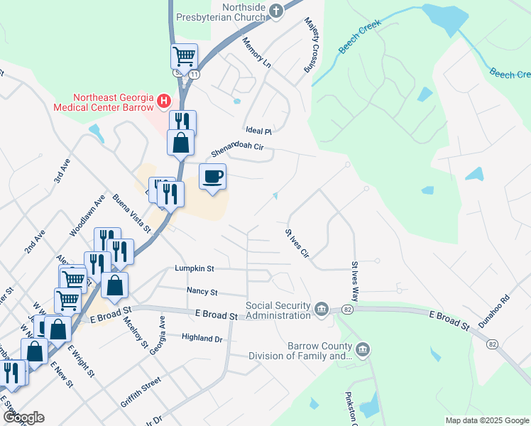 map of restaurants, bars, coffee shops, grocery stores, and more near 428 Shenandoah Court in Winder