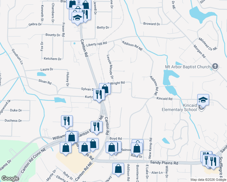 map of restaurants, bars, coffee shops, grocery stores, and more near 2127 Oland Circle in Marietta