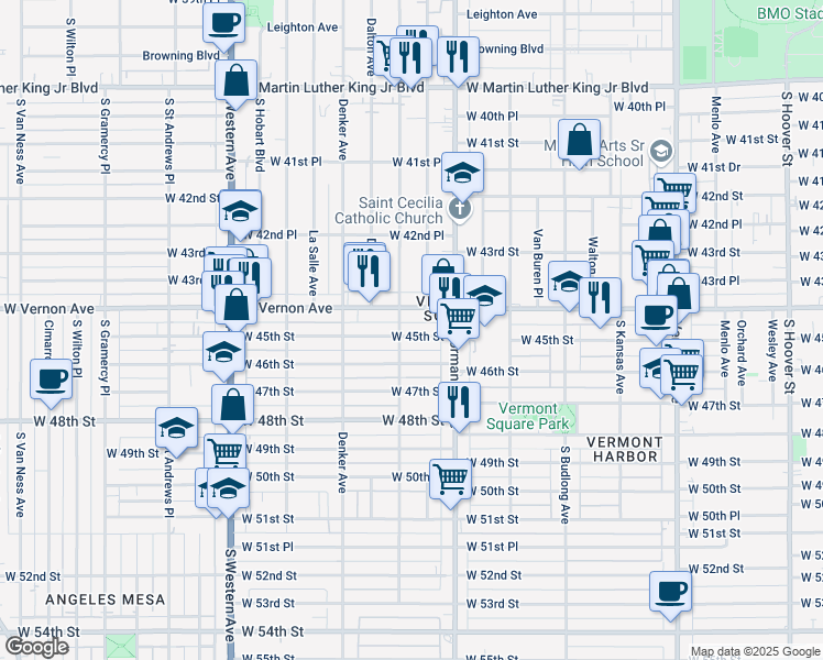 map of restaurants, bars, coffee shops, grocery stores, and more near 1449 West 45th Street in Los Angeles