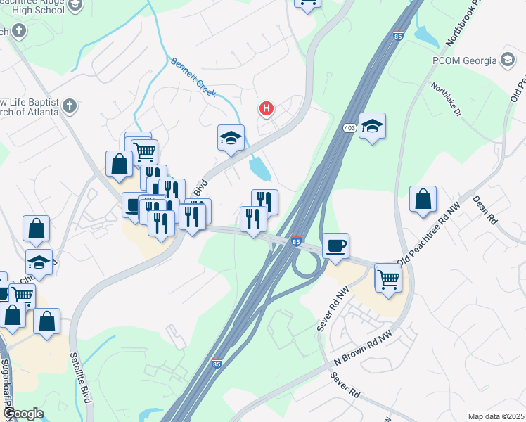 map of restaurants, bars, coffee shops, grocery stores, and more near 1460 Distribution Drive in Suwanee