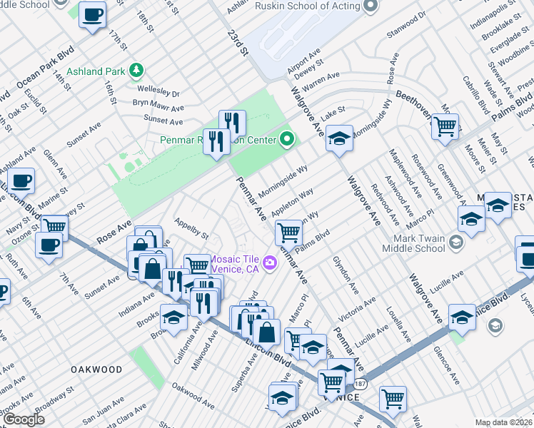map of restaurants, bars, coffee shops, grocery stores, and more near 1205 Appleton Way in Los Angeles