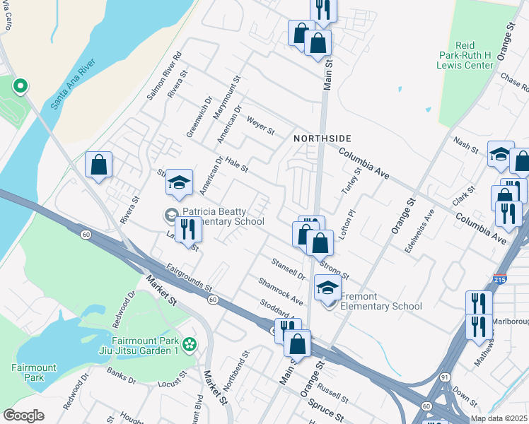 map of restaurants, bars, coffee shops, grocery stores, and more near 4007 Alicia Court in Riverside