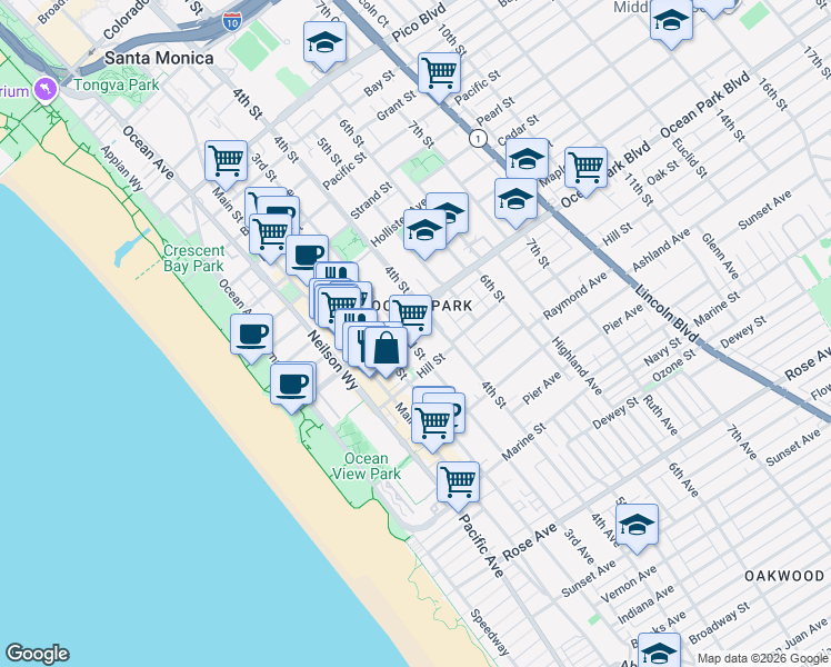 map of restaurants, bars, coffee shops, grocery stores, and more near 2603 3rd Street in Santa Monica